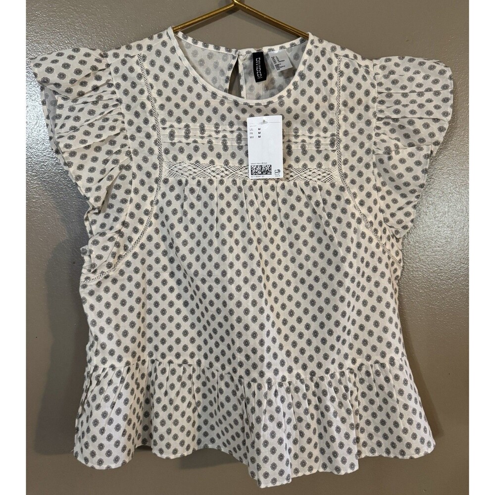 H&M Divided Peplum Flutter Sleeve Blouse Women's Size M Ivory Black Floral